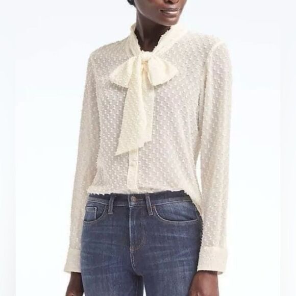 Banana Republic Tops - Banana Republic Cream Sheer Tie Neck Clip Dot Bow Sleeve Blouse